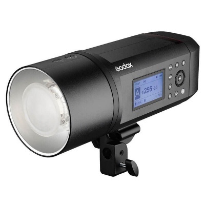 Flash de estúdio Godox preto com visor digital e suporte