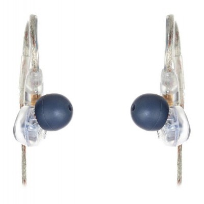 Auriculares intra-auriculares com pontas azuis e estrutura transparente