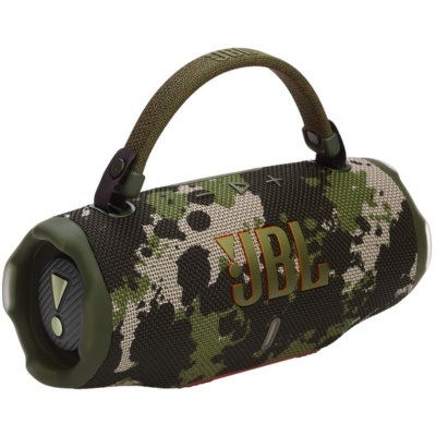 Coluna portátil JBL com padrão camouflage e alça verde