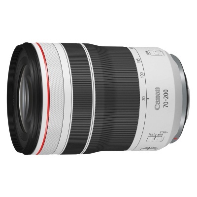 Objetiva Canon RF 70-200mm com corpo branco e preto e detalhes em vermelho