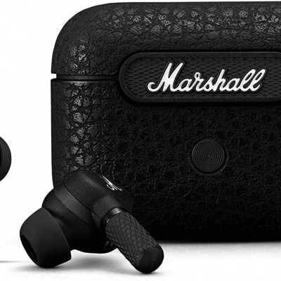 Auriculares sem fios Marshall pretos com estojo de carregamento preto