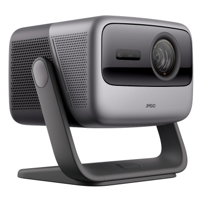 Projetor JMGO cinza metalizado com lente grande e suporte preto