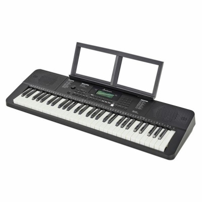 Teclado musical eletrónico preto com suporte para partituras e 61 teclas