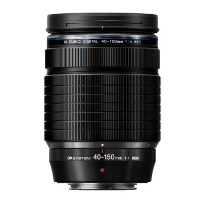 Objetiva fotográfica OM SYSTEM M.ZUIKO DIGITAL 40-150mm 1:4 preta com detalhes azuis e brancos