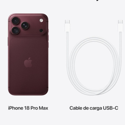 iPhone 18 Pro Max roxo escuro com três câmaras traseiras e cabo de carga USB-C branco