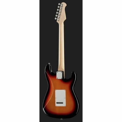 Guitarra elétrica sunburst vista de trás com braço de madeira clara
