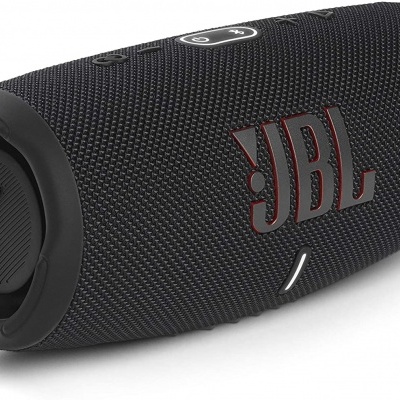 Coluna portátil JBL preta com textura em malha e logótipo JBL