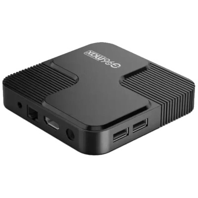 Aparelho eletrônico preto X96 Max com portas USB e design compacto