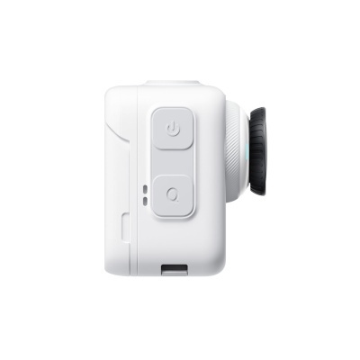 Câmara de ação branca vista de lado com dois botões e lente preta