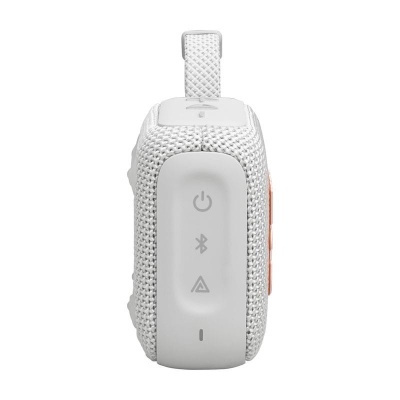 Coluna portátil Bluetooth cinza claro com ícones no lado e alça no topo