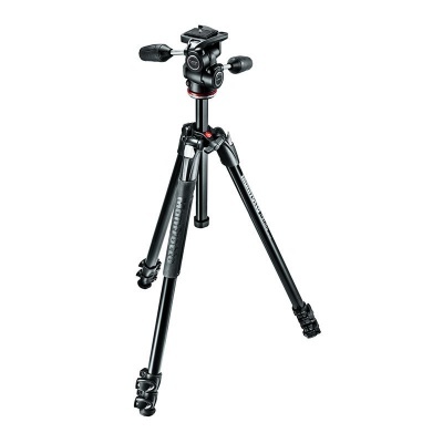 Tripé preto Manfrotto com pernas ajustáveis e cabeçote com punhos para câmara
