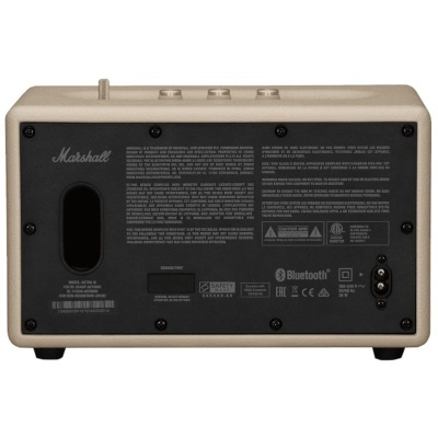 Amplificador Marshall bege com painel traseiro preto e texto de instruções