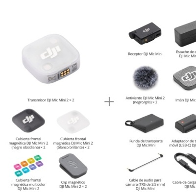 Acessórios DJI Mic Mini e Mini 2 organizados com texto descritivo em espanhol sobre fundo branco