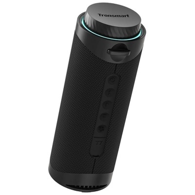 Coluna portátil preta Tronsmart com botões e luz azul