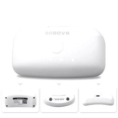 Dispositivo branco BOBO VR com botão, luzes LED, código QR e portas laterais