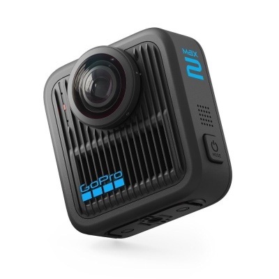 Câmara GoPro MAX 2 preta com detalhes azuis e lente grande angular