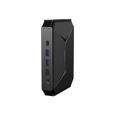 Computador compacto preto com várias portas USB e design geométrico