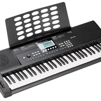 Teclado eletrónico preto com 61 teclas e painel de controlo com ecrã digital