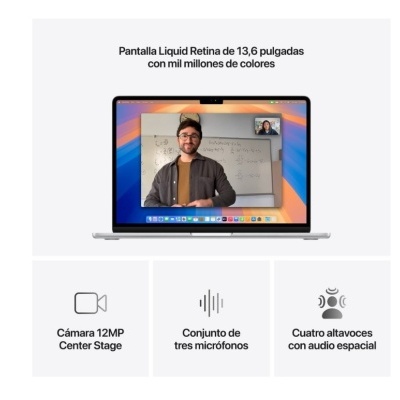 Computador portátil prateado com ecrã Liquid Retina e texto promocional sobre funcionalidades