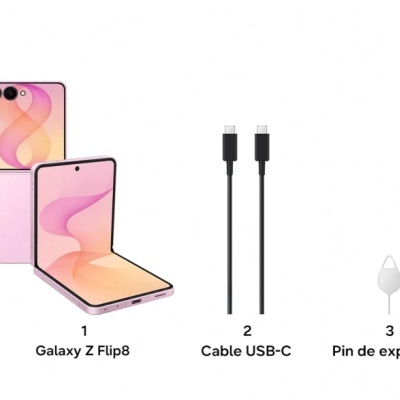 Telemóvel Galaxy Z Flip8 cor rosa, cabo USB-C preto e pin de expulsão metálico