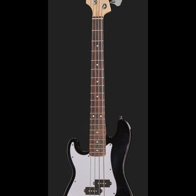 Guitarra elétrica de baixo preta com escudo branco