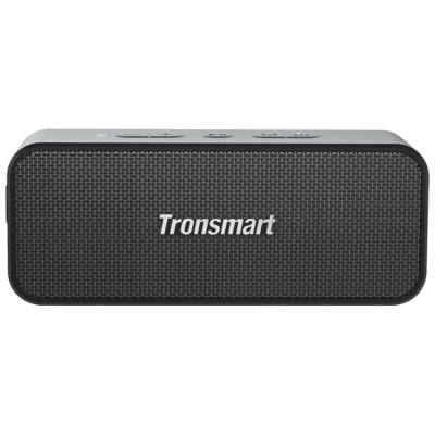 Coluna de som portátil Tronsmart preta com grelha metálica frontal e botões no topo