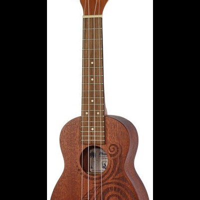 Ukulele de madeira castanha com padrão espiral no corpo