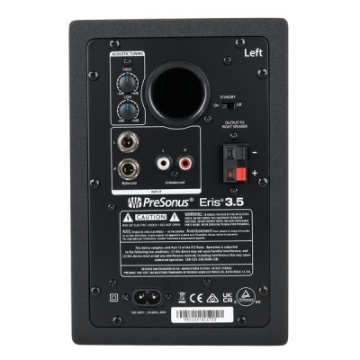 Painel traseiro de altifalante preto PreSonus Eris 3.5 com botões e entradas de áudio