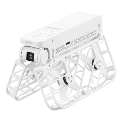 Drone quadcopter branco com hélices protegidas e câmera frontal