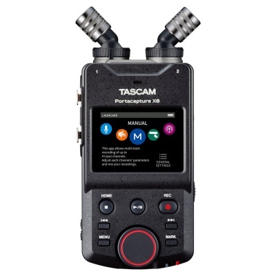 Gravador áudio portátil TASCAM Portacapture X6 preto com microfones e ecrã táctil