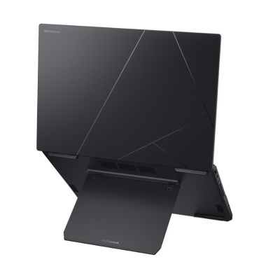 Computador portátil ASUS Zenbook preto com linhas geométricas e suporte traseiro