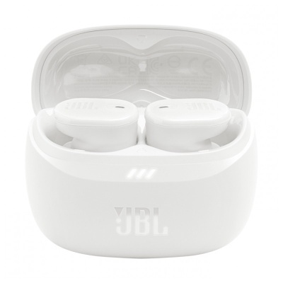 Auscultadores JBL True Wireless brancos no estojo de carregamento aberto