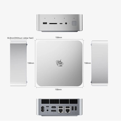 Computador compacto prateado com múltiplas portas e dimensões visíveis