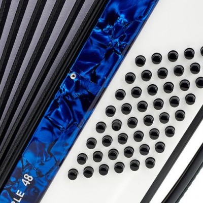 Acordeão com botões pretos, painel branco, barra azul marmoreado e fole cinza com linhas pretas