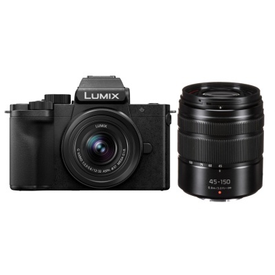 Câmara digital preta LUMIX com lente destacada preta 45-150.