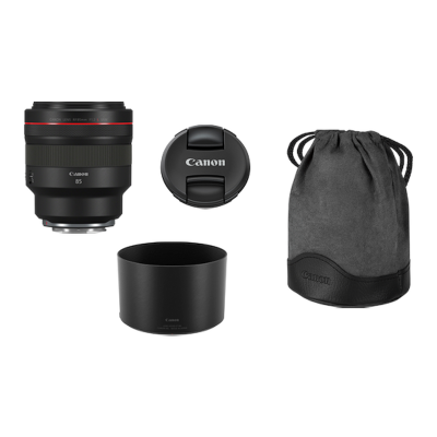 Lente Canon 85mm com tampa frontal, capa da objetiva e saco de proteção
