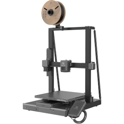 Impressora 3D preta com bobina de filamento marrom no topo