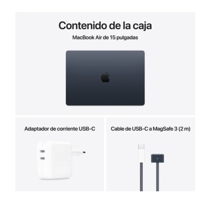 Conteúdo da caixa com MacBook Air 15 cinzento escuro, adaptador USB-C branco e cabo USB-C a MagSafe 3 preto