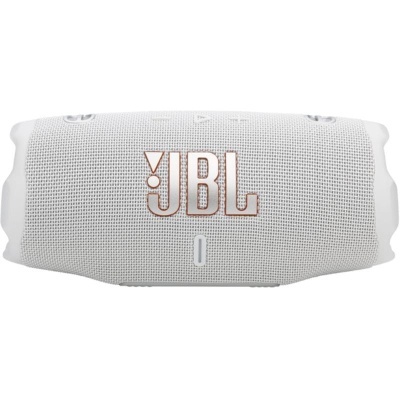 Coluna portátil JBL branca com logótipo na frente e botões no topo