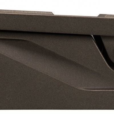 Pedal de efeito musical preto fosco com botão vermelho lateral