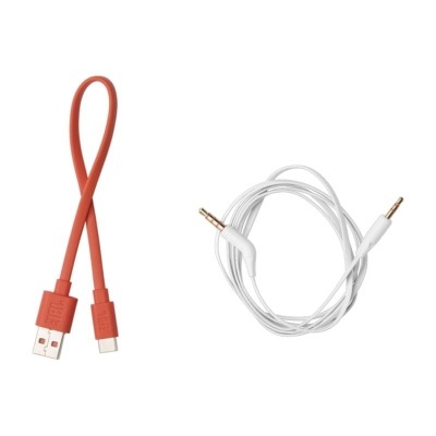 Dois cabos, um USB vermelho e um cabo de áudio branco com conectores jack 3,5 mm