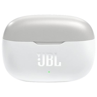 Estojo de carregamento branco e cinzento com logo JBL