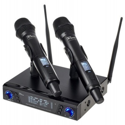 Sistema de microfone sem fios com dois microfones e receptor preto