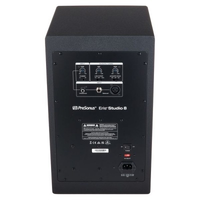 Caixa de som preta PreSonus Eris Studio 8 vista de trás com botões e entradas