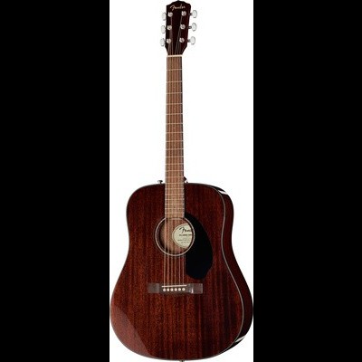 Guitarra acústica Fender castanha escura com palheta preta e etiqueta redonda