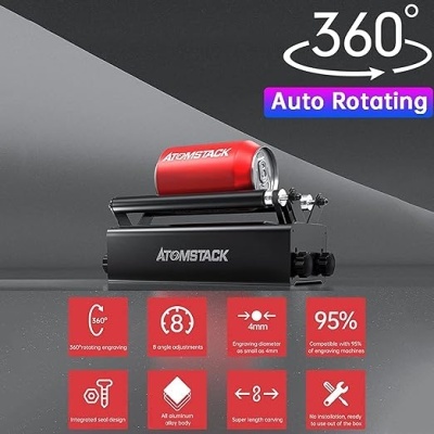 Máquina de gravação 360 graus ATOMSTACK com lata vermelha num fundo cinzento.