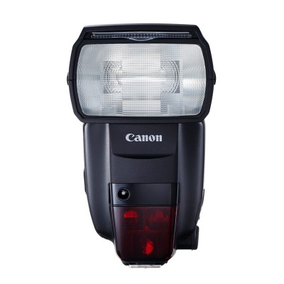 Flash externo preto Canon com difusor branco e visor vermelho.