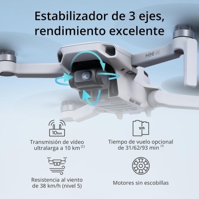 Drone branco com câmara 4K e texto promocional em espanhol