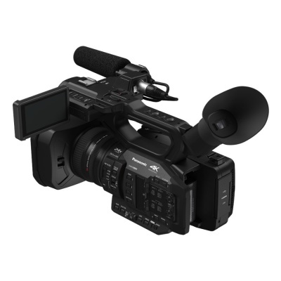 Câmara de vídeo profissional Panasonic 4K preta com microfone e visor LCD