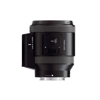 Objetiva fotográfica preta com texto POWER ZOOM e marcações de zoom